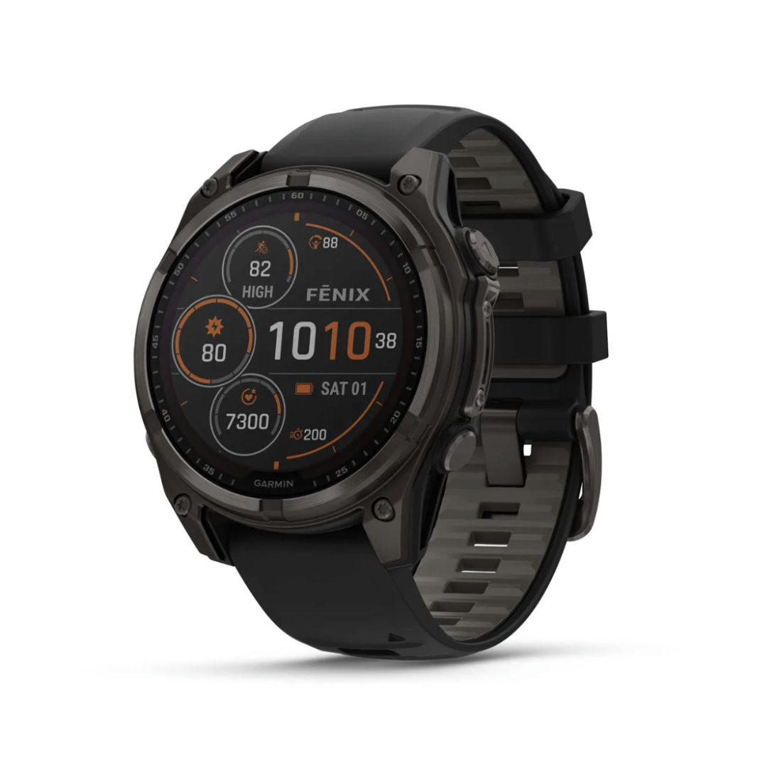 Garmin Fēnix 8 - 47 mm,  Solar, Sapphire Titane Carbon Gray DLC avec bracelet en silicone noir/gris galet