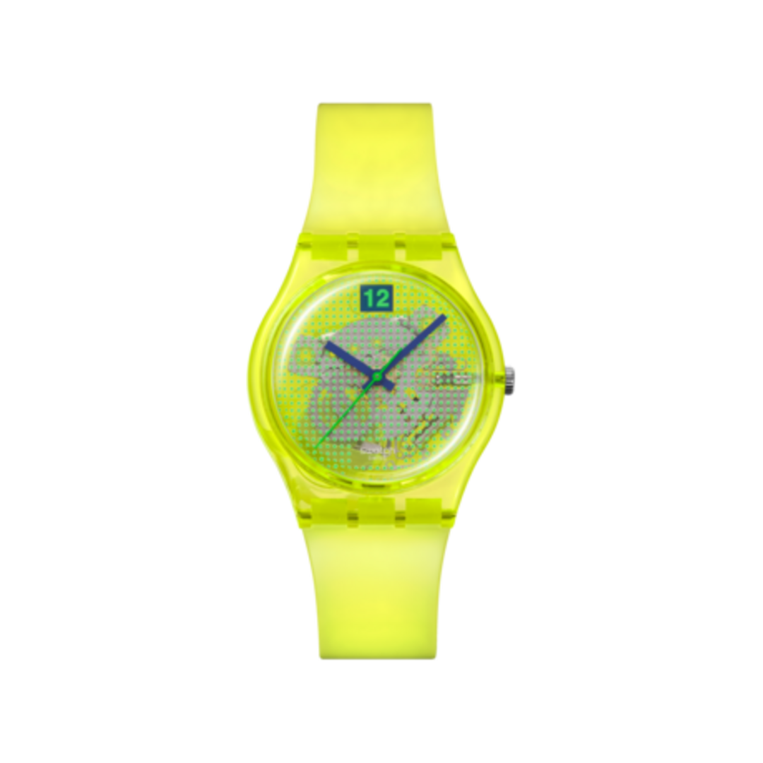 Swatch Luminously Lemon SO28J103 sur fond blanc