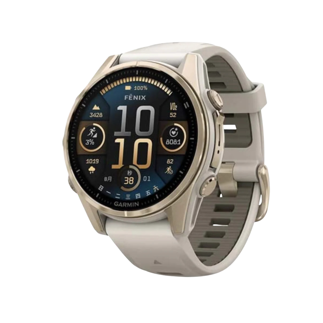 Garmin Fēnix 8 - 43 mm, Solar, Sapphire, Soft Gold avec bracelet en silicone gris cendré/grès foncé